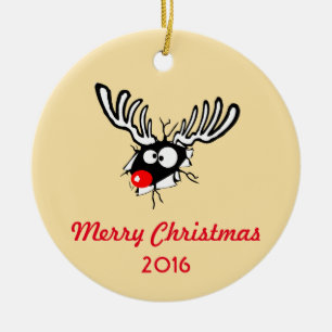 Vrolijk kerstfeest! Crazy Red Nosed Reindester Keramisch Ornament