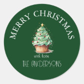 vrolijk kerstfeest! Cupcake-Christmas-Tree Ronde Sticker (Voorkant)