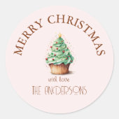 vrolijk kerstfeest! Cupcake-Christmas-Tree Ronde Sticker (Voorkant)