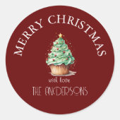 vrolijk kerstfeest! Cupcake-Christmas-Tree Ronde Sticker (Voorkant)