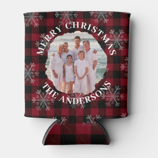 Vrolijk Kerstfeest Custom Foto Zwart Rood Plaid Blikjeskoeler (Voorkant)