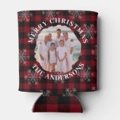 Vrolijk Kerstfeest Custom Foto Zwart Rood Plaid Blikjeskoeler (Achterkant)