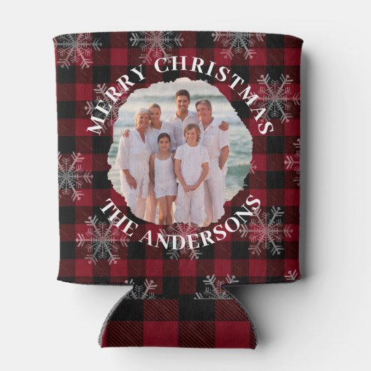 Vrolijk Kerstfeest Custom Foto Zwart Rood Plaid Blikjeskoeler (Achterkant)