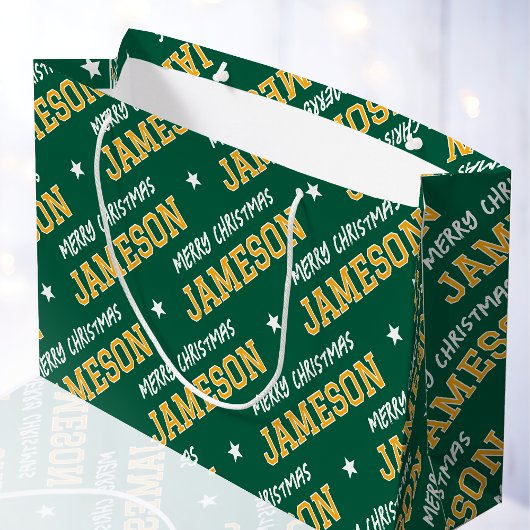 Vrolijk Kerstfeest Custom Name Green Gold Groot Cadeauzakje