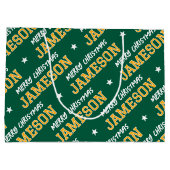 Vrolijk Kerstfeest Custom Name Green Gold Groot Cadeauzakje (Achterkant)