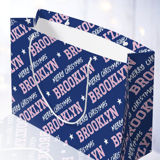 Vrolijk Kerstfeest Custom Name Navy Pink Groot Cadeauzakje
