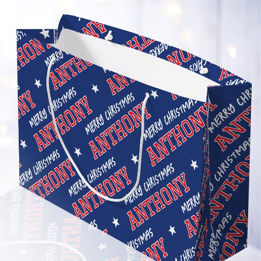 Vrolijk Kerstfeest Custom Name Navy Red Groot Cadeauzakje