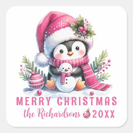 Vrolijk Kerstfeest Custom Name White Pink Penguin Vierkante Sticker (Voorkant)