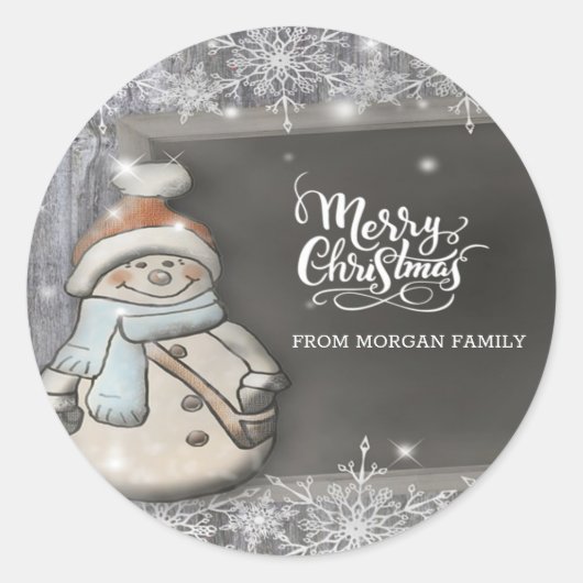 Vrolijk kerstfeest, Cute Snowman, Snowflakes Ronde Sticker (Voorkant)