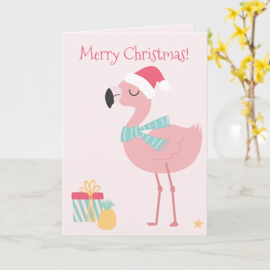 Vrolijk kerstfeest! Cute Tropical Santa Flamingo Kaart (Gele Bloem)