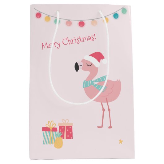 Vrolijk kerstfeest! Cute Tropical Santa Flamingo Medium Cadeauzakje (Voorkant)