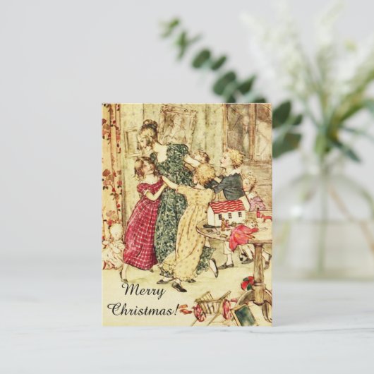 Vrolijk kerstfeest,  dame en kinderdansen feestdagenkaart (Staand voorkant)
