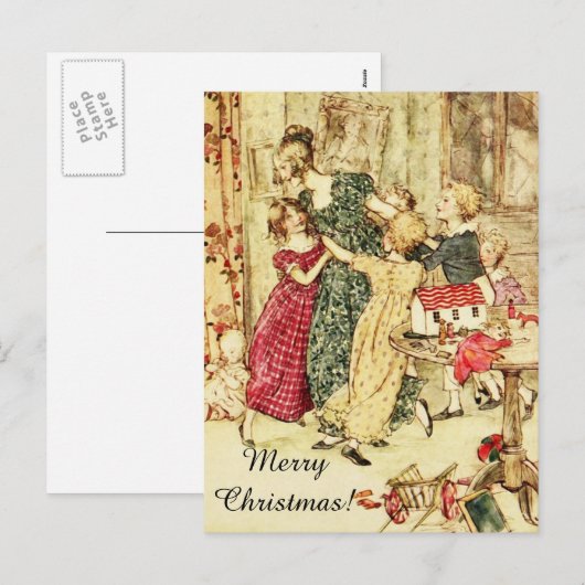 Vrolijk kerstfeest,  dame en kinderdansen feestdagenkaart (Voorkant / Achterkant)