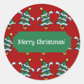 vrolijk kerstfeest! Dansende kerstbomen patroon Ronde Sticker (Voorkant)