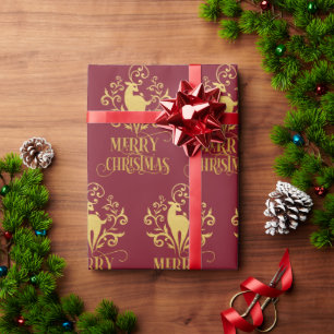 Vrolijk kerstfeest Deer Gold Red Modern Cadeaupapier