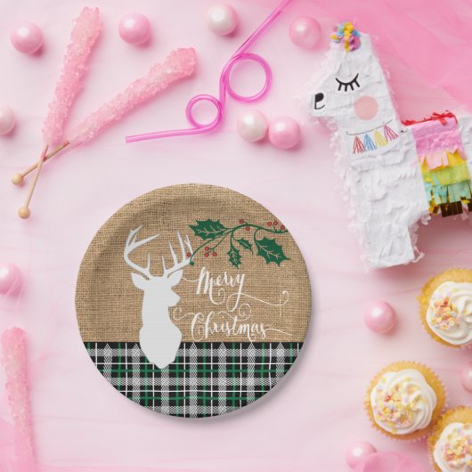 Vrolijk kerstfeest Deer - Groene Pset Papieren Bordje (Feest)