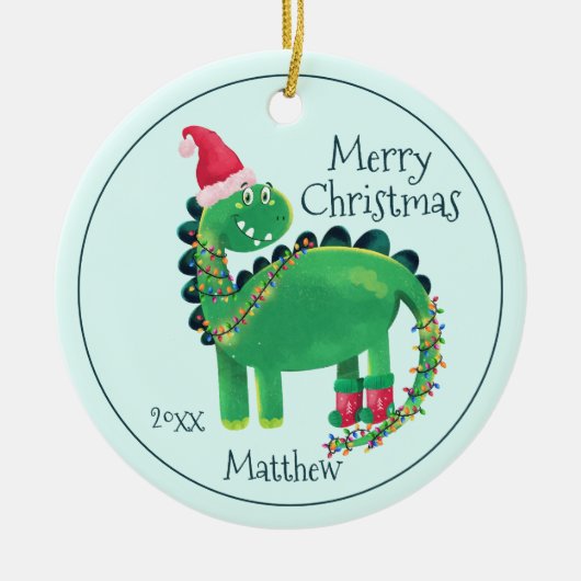 Vrolijk Kerstfeest Dinosaur Naam Keramisch Ornament (Voorkant)
