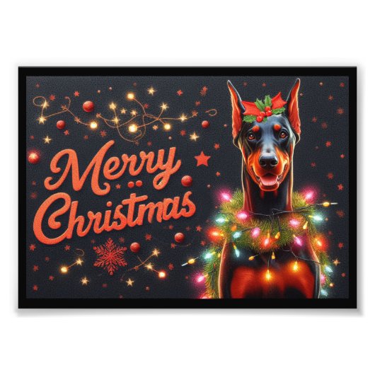 Vrolijk Kerstfeest Doberman Hond Twinkling Xmas Li Foto Afdruk (Voorkant)