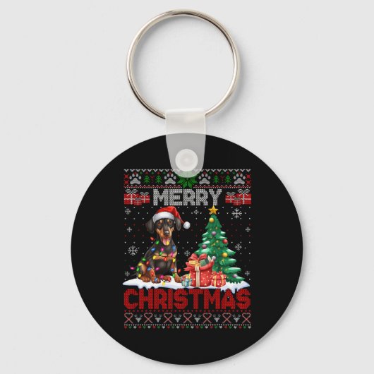 Vrolijk kerstfeest Doberman Pinscher Lover Ugly Xm Sleutelhanger (Voorkant)
