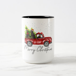 Vrolijk kerstfeest Doberman Red Truck Tweekleurige Koffiemok