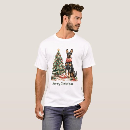 Vrolijk kerstfeest Dobermann Honden T-shirt (Voorkant volledig)