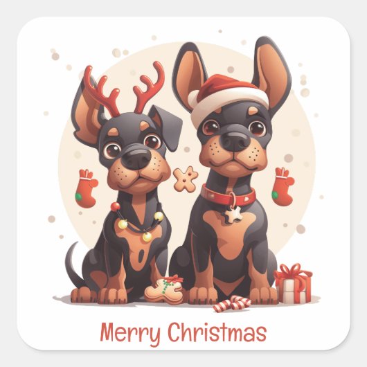 Vrolijk kerstfeest Dobermann Honden Vierkante Sticker (Voorkant)