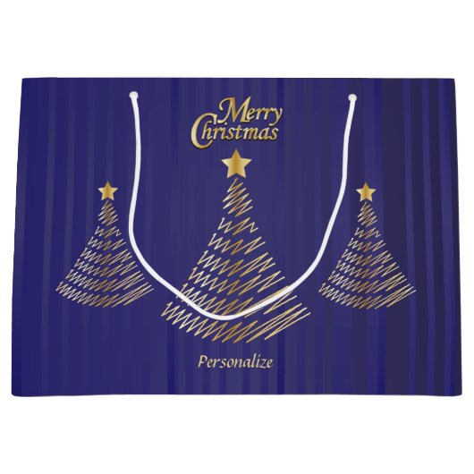 Vrolijk Kerstfeest Donkerblauw en Gouden Bomen Groot Cadeauzakje (Voorkant)