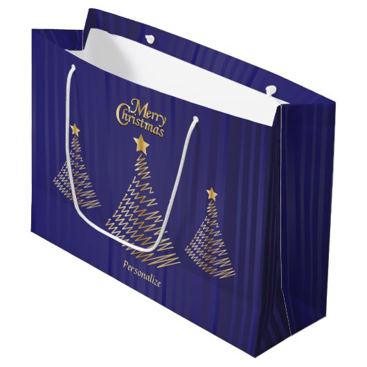 Vrolijk Kerstfeest Donkerblauw en Gouden Bomen Groot Cadeauzakje (Voorkant Gekanteld)