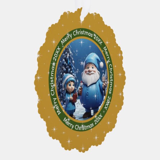 Vrolijk Kerstfeest Donkergeel Blauw Kerstman Foto Ornament Kaart (Rechts)