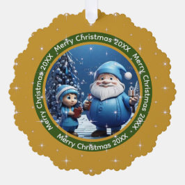 Vrolijk Kerstfeest Donkergeel Blauw Kerstman Foto Ornament Kaart