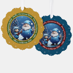 Vrolijk Kerstfeest Donkergeel Blauw Kerstman Foto Ornament Kaart