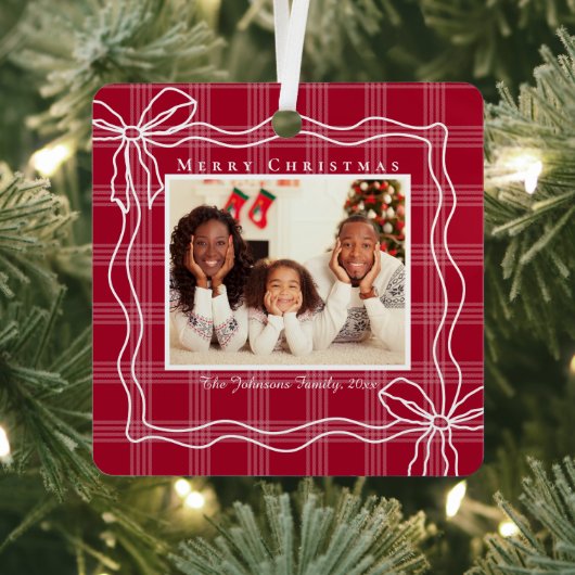 Vrolijk Kerstfeest Doodle Bow Foto Red Plaid Buffa Metalen Ornament (Insitu)