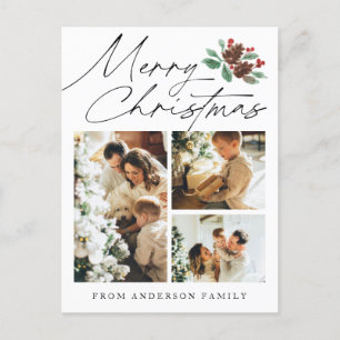 Vrolijk Kerstfeest Drie Foto Cherry Botanical Feestdagenkaart