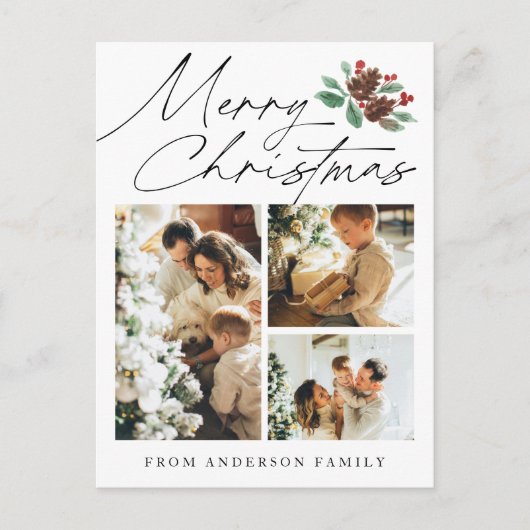 Vrolijk Kerstfeest Drie Foto Cherry Botanical Feestdagenkaart (Voorkant)