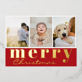 Vrolijk Kerstfeest Drie Foto Collage Rood Wit Folie Feestdagenkaart (Voorkant)