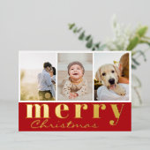 Vrolijk Kerstfeest Drie Foto Collage Rood Wit Folie Feestdagenkaart (Staand Voorkant)