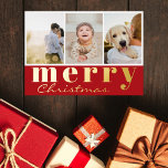 Vrolijk Kerstfeest Drie Foto Collage Rood Wit Folie Feestdagenkaart<br><div class="desc">Elegante moderne kerstkaart met echte gouden folie met drie fotocollage en een gouden kerstgroet op de rode achtergrond: Vrolijk kerstfeest, in een mix van klassieke typografie en chique handgeschreven script. De achterkant van de kaart bevat uw aangepaste kerstboodschap met uw achternaam en jaar in het rood op een heldere witte...</div>