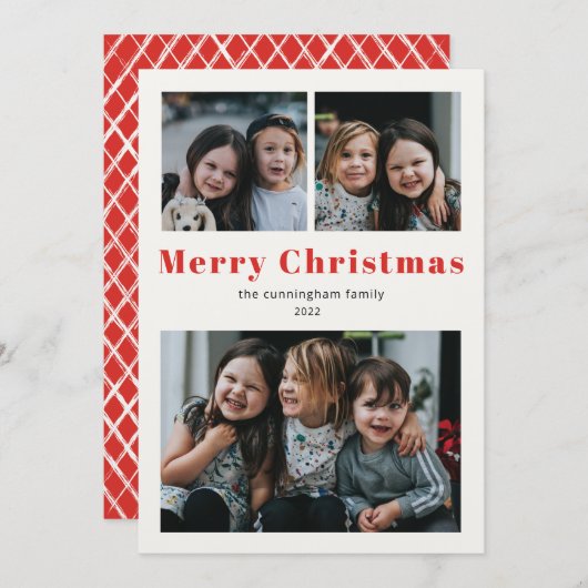 Vrolijk kerstfeest Drie Foto Simple Red Kraft Holi Feestdagenkaart (Voorkant / Achterkant)