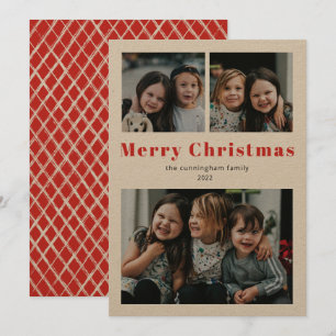 Vrolijk kerstfeest Drie Foto Simple Red Kraft Holi Feestdagenkaart