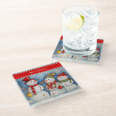 Vrolijk kerstfeest, drie kleurrijke sneeuwpoppen, glazen onderzetter (Schuin)