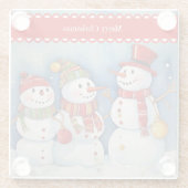 Vrolijk kerstfeest, drie kleurrijke sneeuwpoppen, glazen onderzetter (Achterkant)