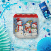 Vrolijk kerstfeest, drie kleurrijke sneeuwpoppen, papieren bordje (Feest)