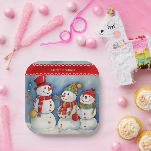 Vrolijk kerstfeest, drie kleurrijke sneeuwpoppen, papieren bordje (Feest)