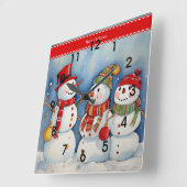 Vrolijk kerstfeest, drie kleurrijke sneeuwpoppen, vierkante klok (Hoek)
