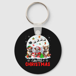 Vrolijk Kerstfeest Drie Santa Elf Rendier Bulldogs Sleutelhanger