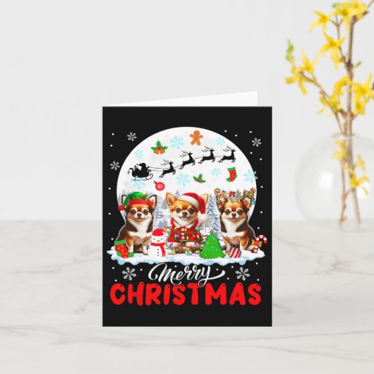 Vrolijk Kerstfeest Drie Santa Elf Rendier Chihuahu Kaart (Gele Bloem)