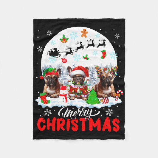 Vrolijk Kerstfeest Drie Santa Elf Rendier Frans Bu Fleece Deken (Voorkant)