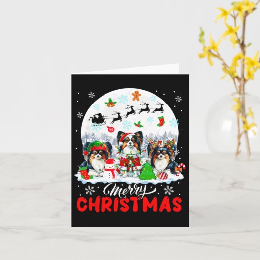 Vrolijk Kerstfeest Drie Santa Elf Rendier Papillon Kaart (Gele Bloem)