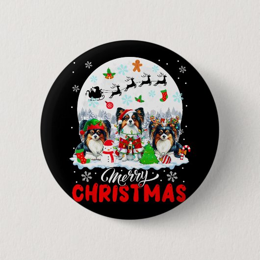 Vrolijk Kerstfeest Drie Santa Elf Rendier Papillon Ronde Button 5,7 Cm (Voorkant)