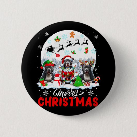 Vrolijk Kerstfeest Drie Santa Elf Rendier Pit Bull Ronde Button 5,7 Cm (Voorkant)